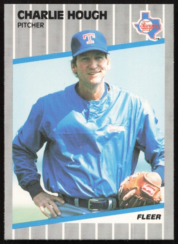 Charlie Hough 1989 Fleer baseball card #522, Texas Rangers pitcher in action.