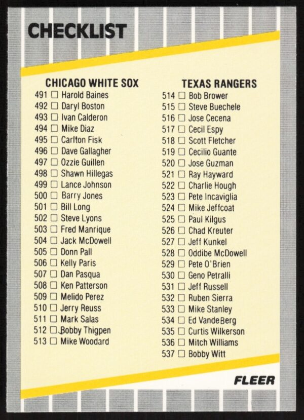 1989 Fleer baseball card checklist for White Sox, Rangers, Mariners, Phillies rosters.