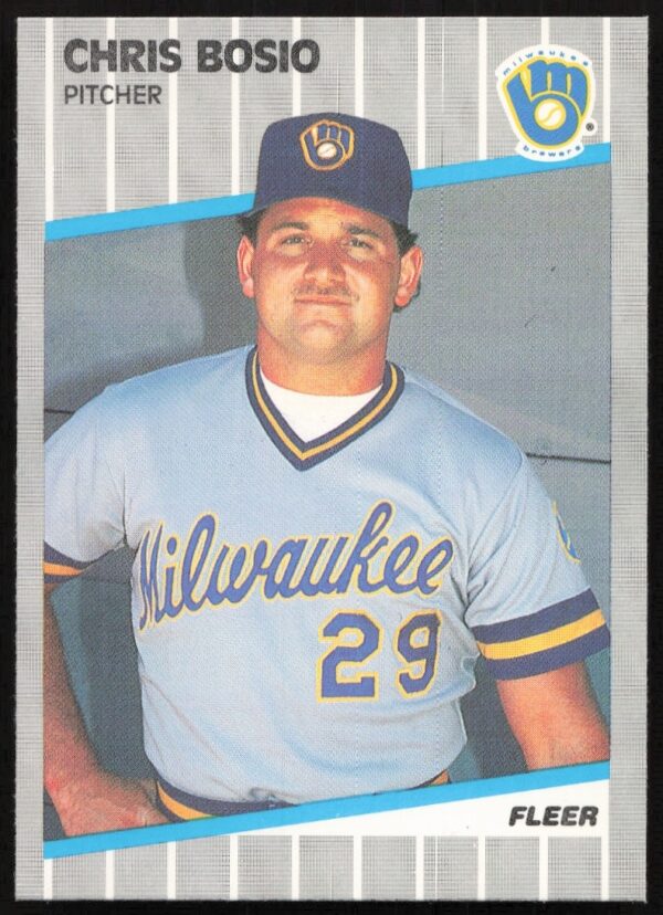 Chris Bosio 1989 Fleer card #179, featuring mid-pitch action shot, front side.