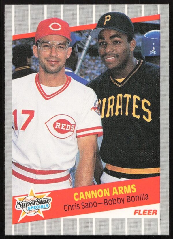 1989 Fleer baseball card featuring Chris Sabo and Bobby Bonilla action shots and stats.