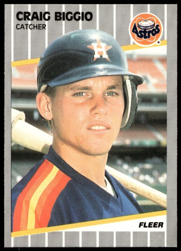Craig Biggio 1989 Fleer Rookie Card #353 in Astros gear, classic late 80s baseball memorabilia.