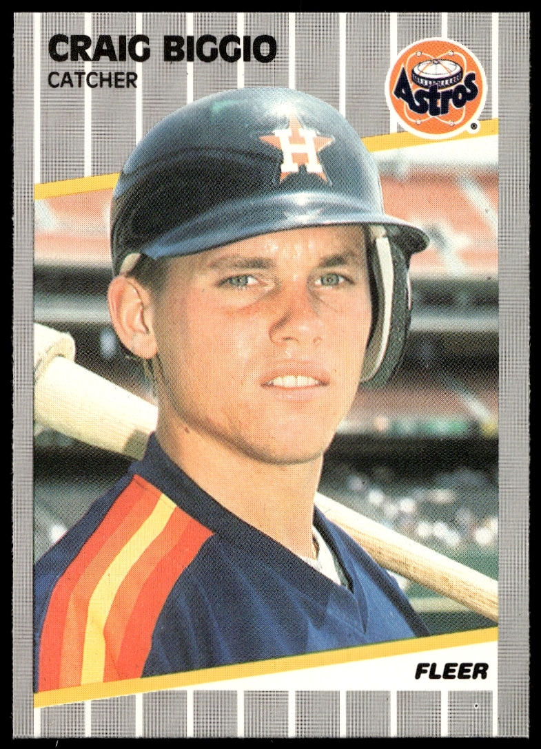 Craig Biggio 1989 Fleer Rookie Card #353 in Astros gear, classic late 80s baseball memorabilia.