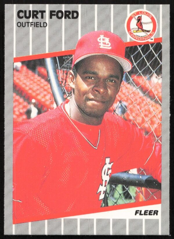 1989 Fleer card featuring Curt Ford in Cardinals uniform during a game action shot.