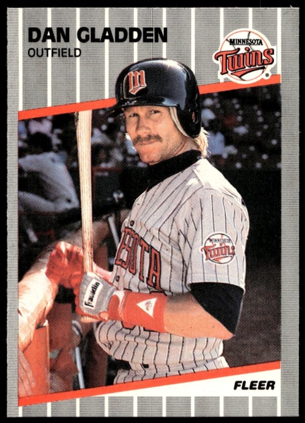 Dan Gladden 1989 Fleer card, Minnesota Twins, action-packed baseball moment.