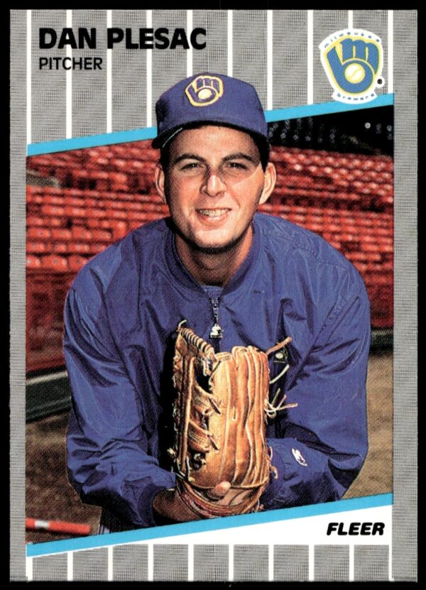 Dan Plesac 1989 Fleer card, Milwaukee Brewers pitcher, mid-pitch, #195.