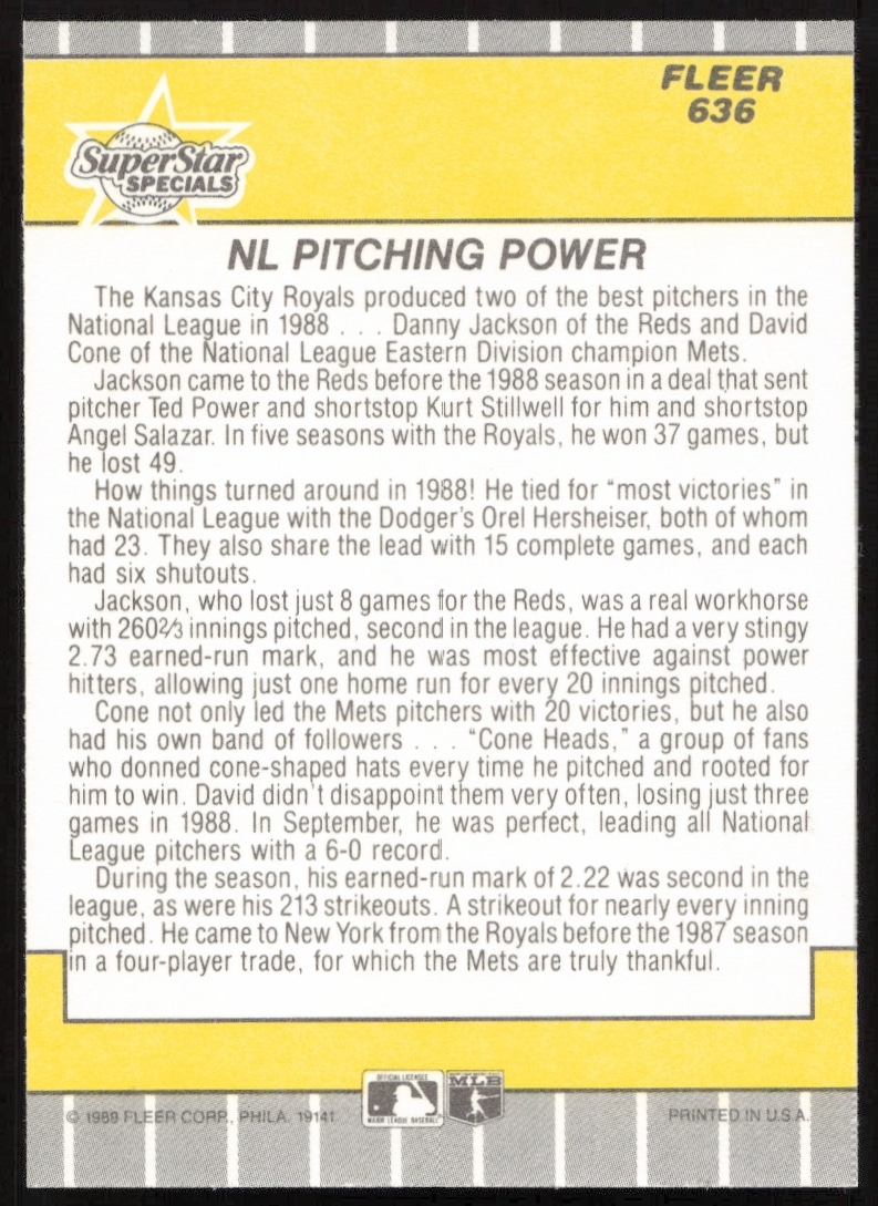 1989 Fleer card #636 featuring pitchers Danny Jackson and David Cone in action shots.
