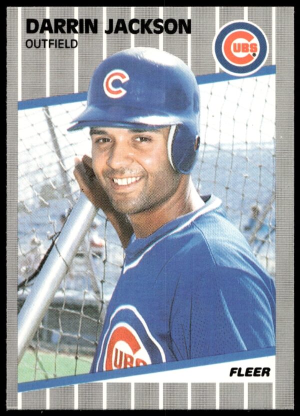 1989 Fleer Darrin Jackson Chicago Cubs baseball card #428 in uniform, fielding pose.