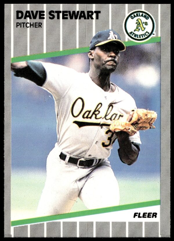 Dave Stewart 1989 Fleer Baseball Card, Oakland Athletics Pitcher, Capturing Iconic Pitching Moment.