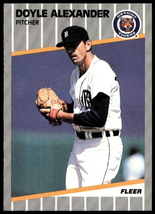 Doyle Alexander 1989 Fleer card: Detroit Tigers pitcher in action, classic memorabilia.