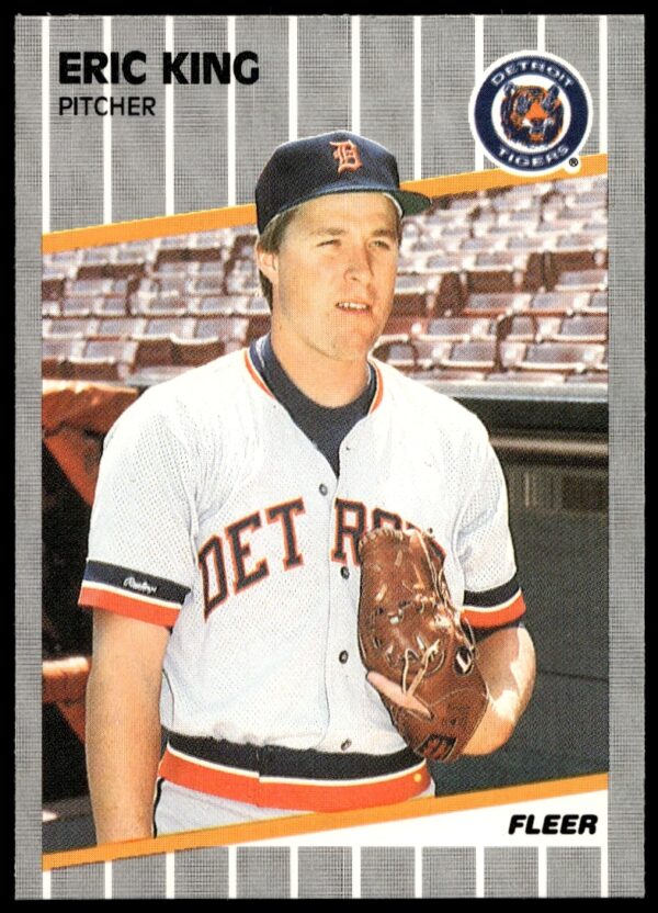 Eric King 1989 Fleer baseball card, Detroit Tigers pitcher, action shot.