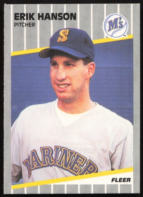 Erik Hanson 1989 Fleer #549, Seattle Mariners pitcher mid-pitch, card front view.
