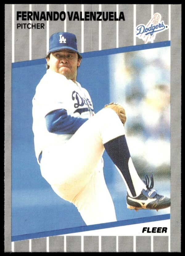 Fernando Valenzuela 1989 Fleer card showing iconic Dodgers pitcher mid-pitch in uniform.