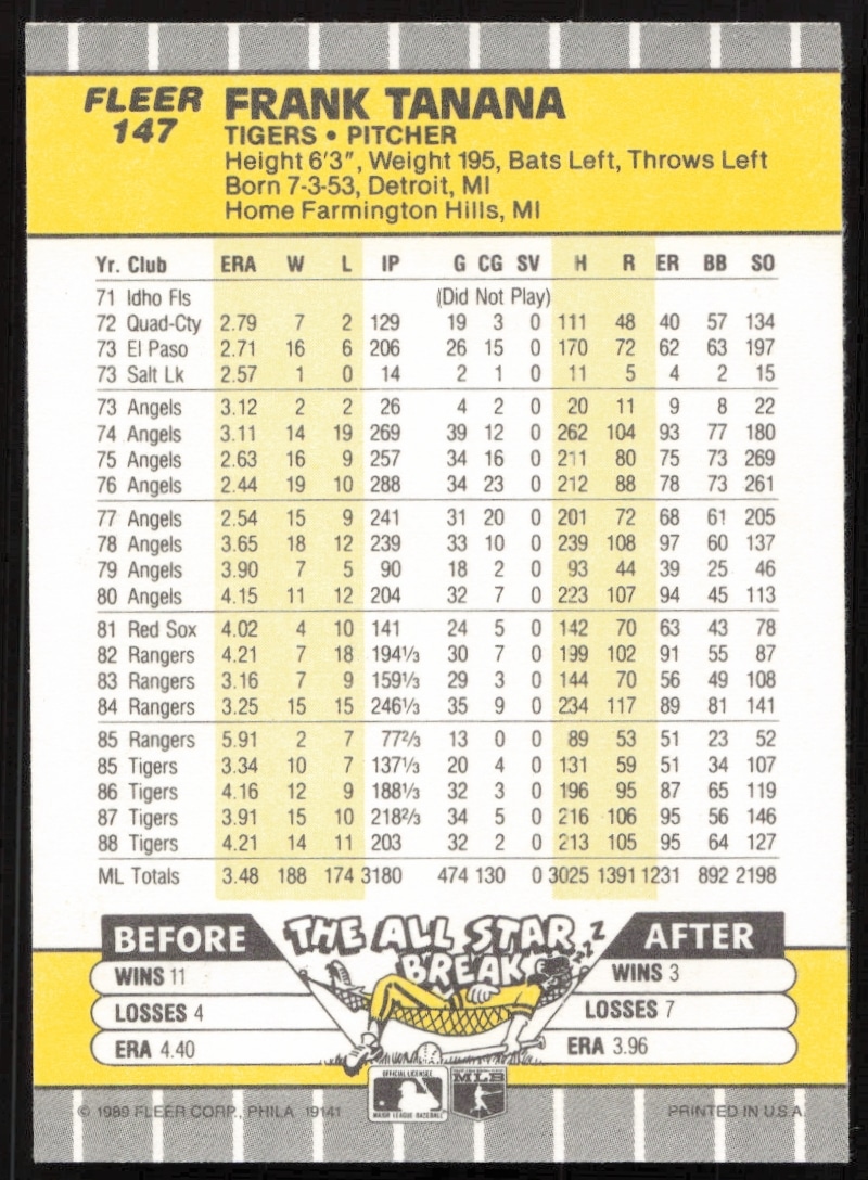 Back of 1989 Fleer Frank Tanana Baseball Card #147 with stats, biography, and career highlights.
