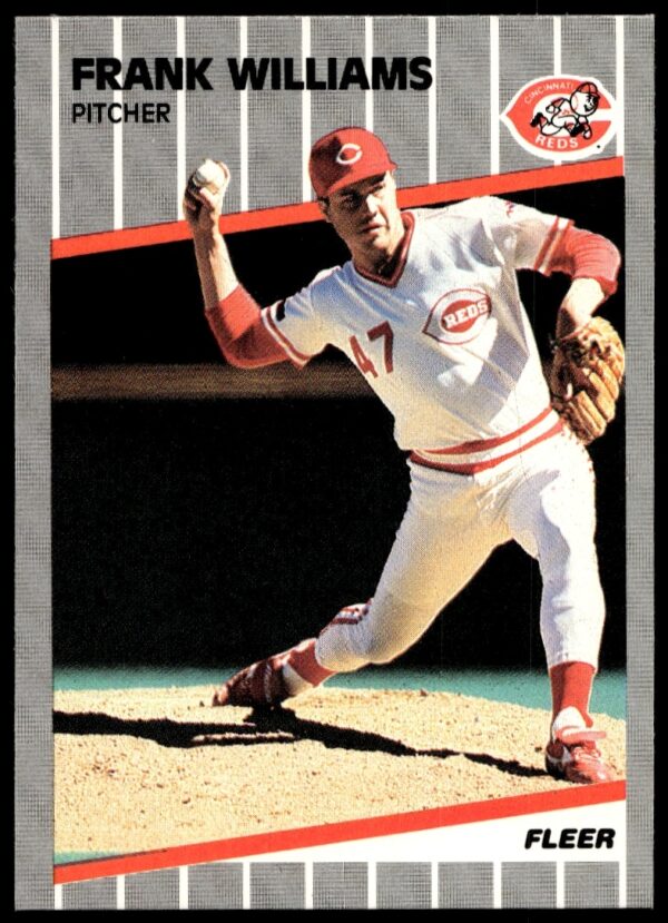 1989 Fleer Frank Williams baseball card, mid-pitch action, Giants uniform, collectors item.