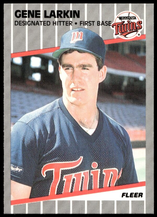 Gene Larkin 1989 Fleer baseball card #117 featuring him in a Minnesota Twins uniform.