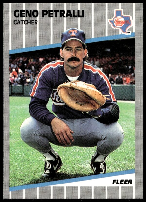 1989 Fleer Geno Petralli baseball card, Texas Rangers, #530, iconic catcher in action.