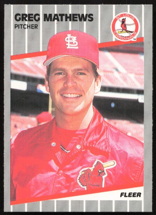 1989 Fleer Greg Mathews #456, Cardinals pitcher action shot, classic design.
