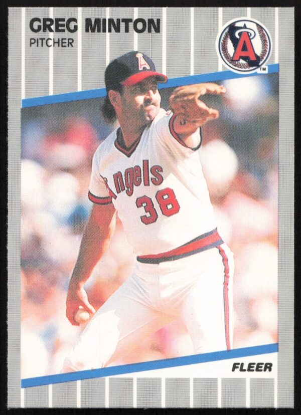 1989 Fleer Greg Minton baseball card, San Francisco Giants pitcher in uniform with mustache.