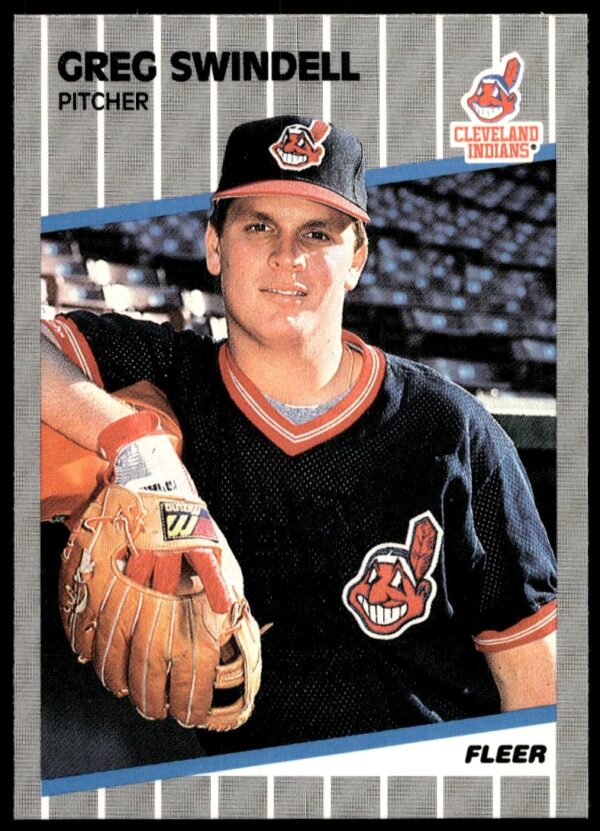 Greg Swindell 1989 Fleer card, Cleveland Indians pitcher mid-pitch, baseball memorabilia.