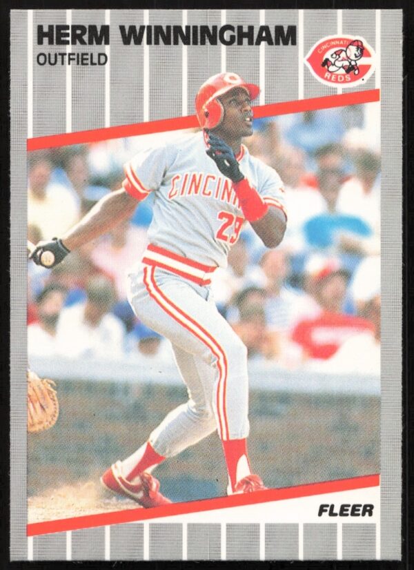 1989 Fleer Herm Winningham card #175, Cincinnati Reds outfielder, action shot.