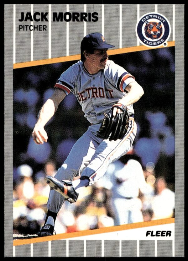 Jack Morris 1989 Fleer baseball card featuring Detroit Tigers pitcher in action.