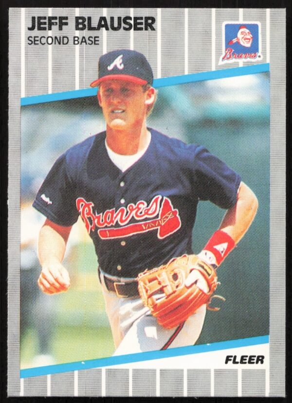 1989 Fleer Jeff Blauser Braves baseball card #588, shortstop in action.