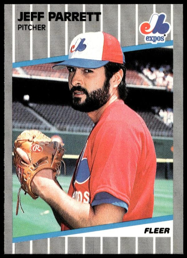 1989 Fleer baseball card of Jeff Parrett, Montreal Expos pitcher, in team uniform.