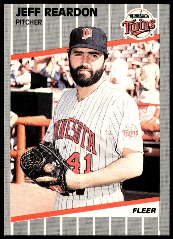 1989 Fleer Jeff Reardon baseball card showcasing pitcher in action with stats and team logo.