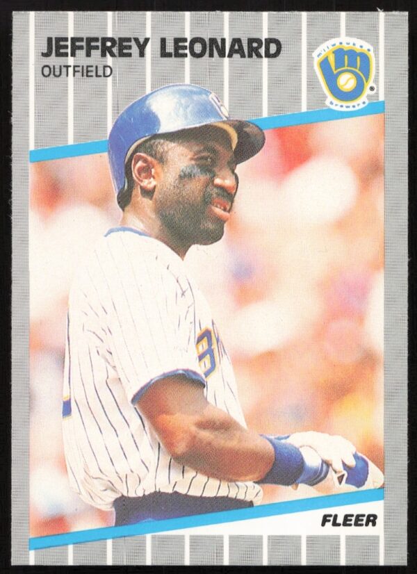 1989 Fleer Baseball Card featuring Jeffrey Leonard #190 with action shot.
