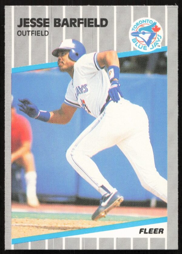 Vintage 1989 Fleer Jesse Barfield baseball card, highlighting his poised stance in uniform.