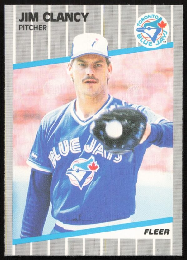 Front of 1989 Fleer Jim Clancy baseball card #229, featuring pitcher in action.