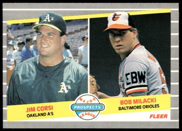 1989 Fleer rookie card featuring MLB pitchers Jim Corsi and Bob Milacki portraits.
