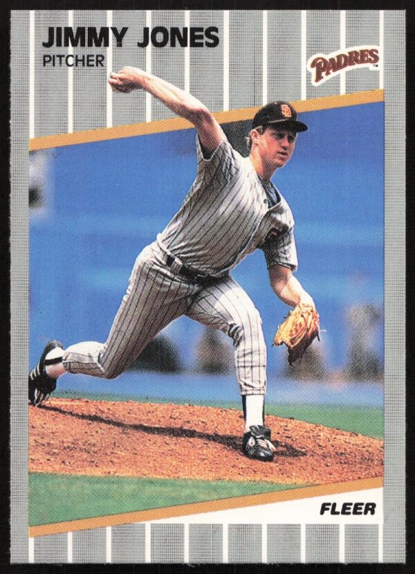 1989 Fleer Jimmy Jones #308 baseball card with player photo and team stats.