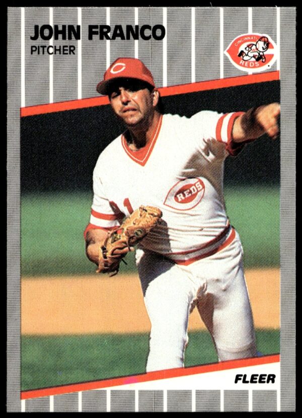 1989 Fleer card of John Franco pitching for Reds, card #162.