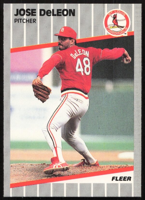 Jose DeLeon 1989 Fleer Card #449 - Front Pitching Pose, Team Uniform, Name, and Logo.