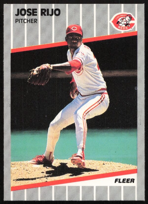 1989 Fleer Baseball Card: Jose Rijo, Cincinnati Reds Pitcher, Mid-Action, #168.