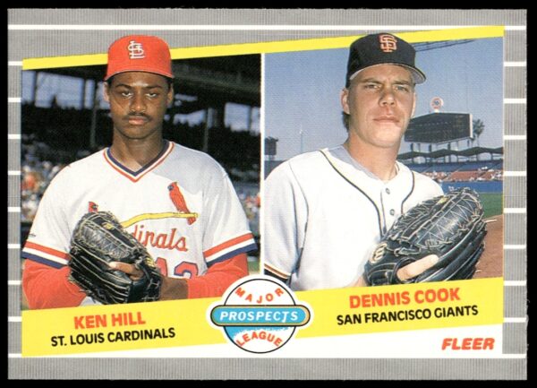 1989 Fleer Ken Hill and Dennis Cook rookie card, featuring MLB debut highlights.