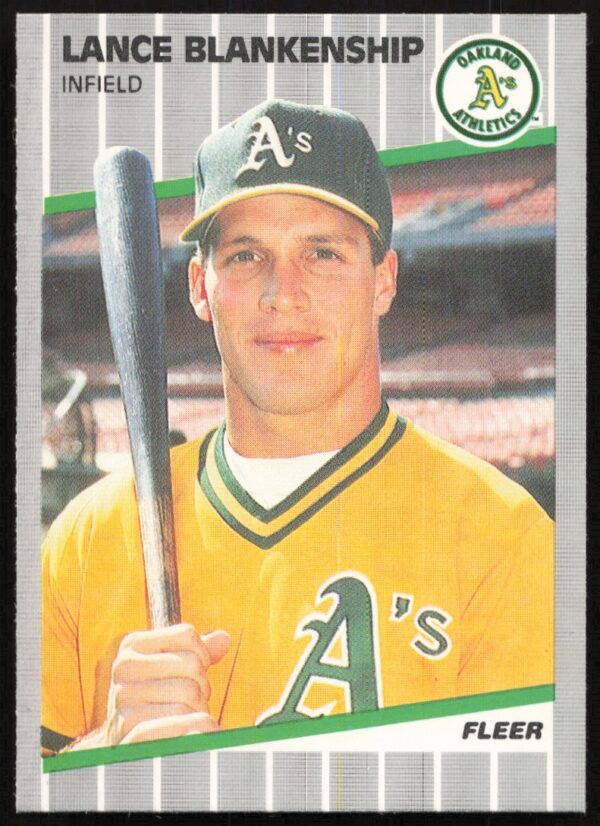 Lance Blankenship 1989 Fleer baseball card, Oakland Athletics, second baseman, holding bat.