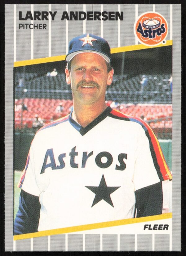 Front of 1989 Fleer Larry Andersen baseball card, #349, mid-pitch action in uniform.