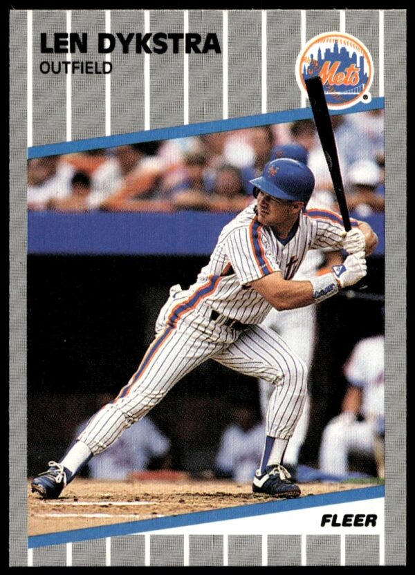1989 Fleer Len Dykstra card featuring Phillies outfielder in action-packed pose, collectible nostalgia.