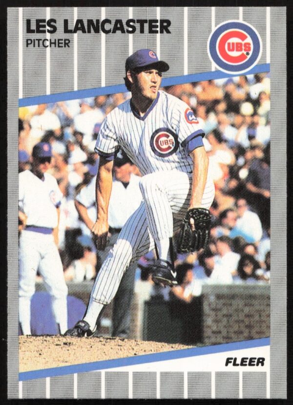 1989 Fleer Baseball Card #429: Les Lancaster, Pitcher, with Team Logo.