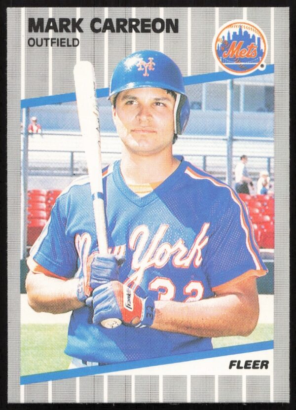 1989 Fleer Baseball Card of Mark Carreon, Mets outfielder, #29, action pose.