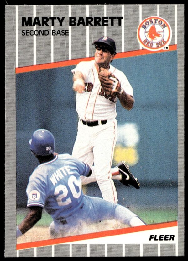1989 Fleer baseball card of Marty Barrett, Boston Red Sox, card 78, mid-action.