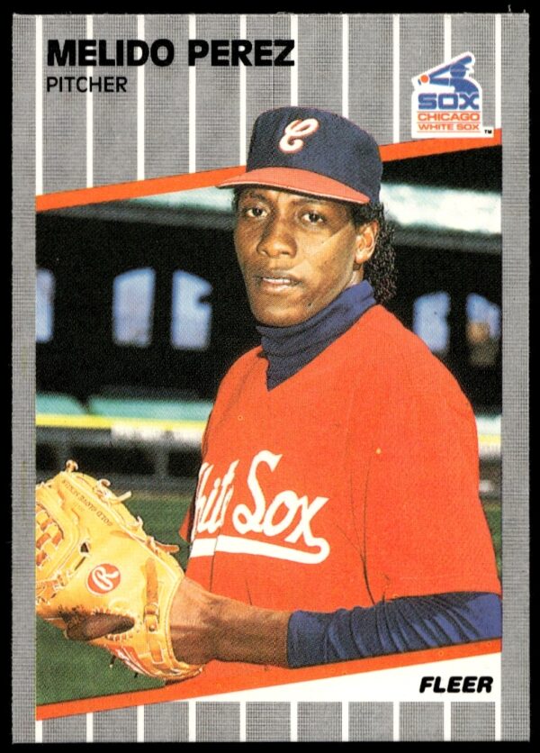 1989 Fleer Melido Perez card: classic pitching pose, team details, vibrant late 80s design.