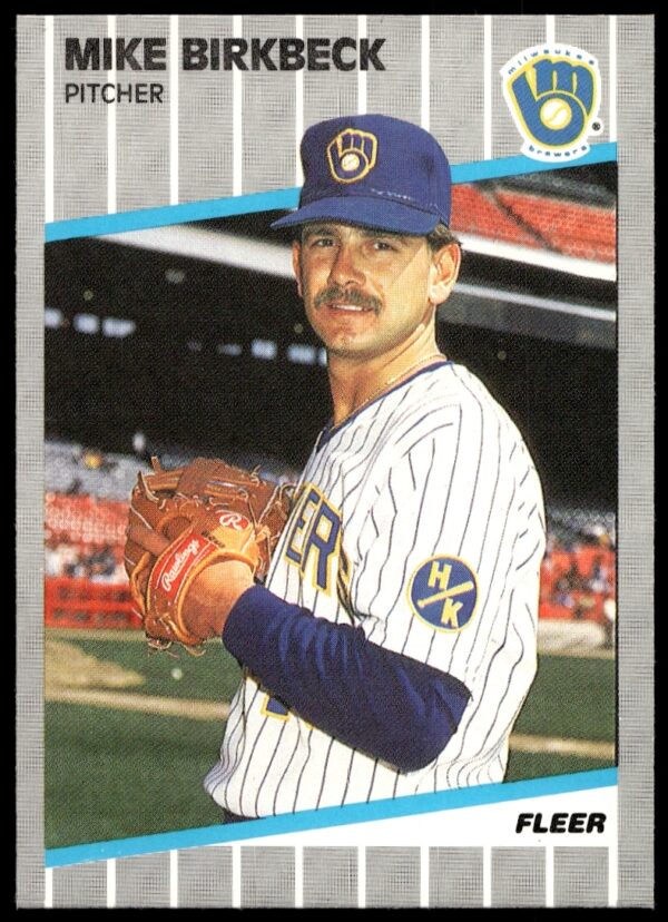 1989 Fleer Mike Birkbeck Milwaukee Brewers baseball card in classic uniform, mid-pitch.