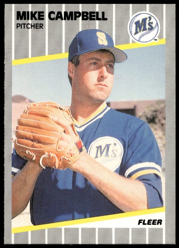 1989 Fleer card #543 showcasing Seattle Mariners pitcher Mike Campbell in full baseball uniform.