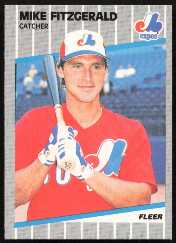 1989 Fleer Baseball Card, Mike Fitzgerald #374, Montreal Expos Catcher, Action Shot Front View.