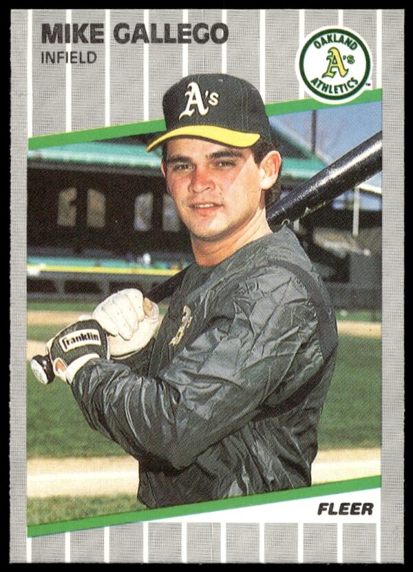 1989 Fleer Mike Gallego Baseball Card #8, Oakland Athletics Uniform, Vintage Sports Memorabilia.