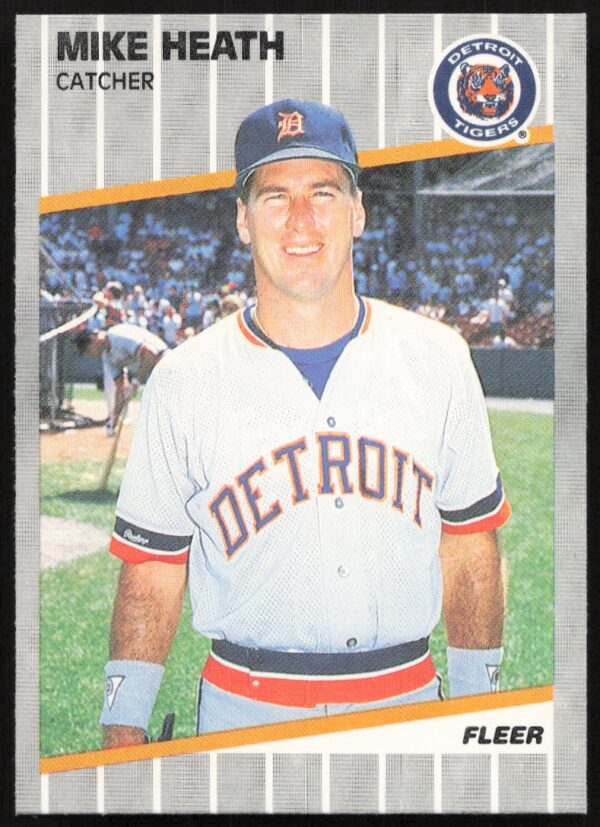 1989 Fleer Mike Heath baseball card with Detroit Tigers uniform, action shot.