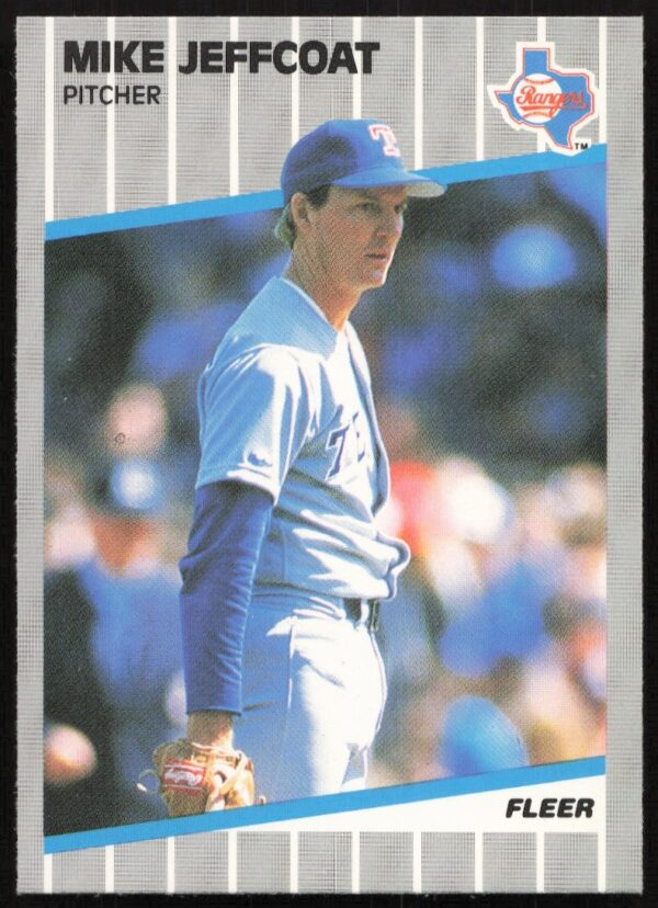 1989 Fleer Mike Jeffcoat #524, Texas Rangers, pitching portrait.